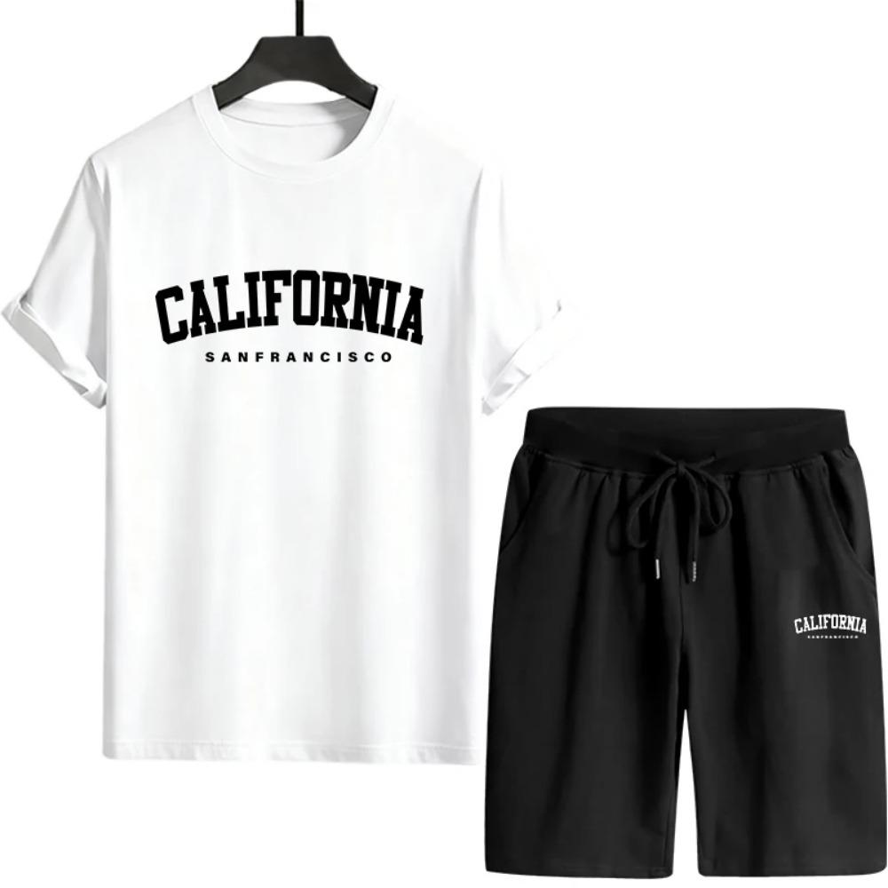 

California Printed Men s Sportswear for Spring and Summer Daily Casual Fashion Short Sleeved Set T-shirt and Shorts Men s Clothing XXL