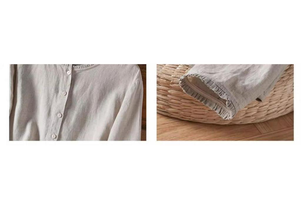 Autumn 2025 Cotton Linen Ruffle Trim Retro Long Sleeve Blouse