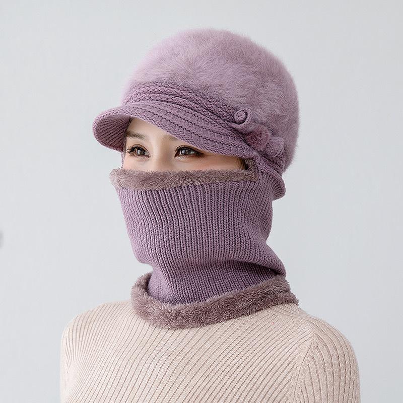 Middle aged mother rabbit fur scarf one-piece hat female winter cycling plush wool old man hat scarf warm