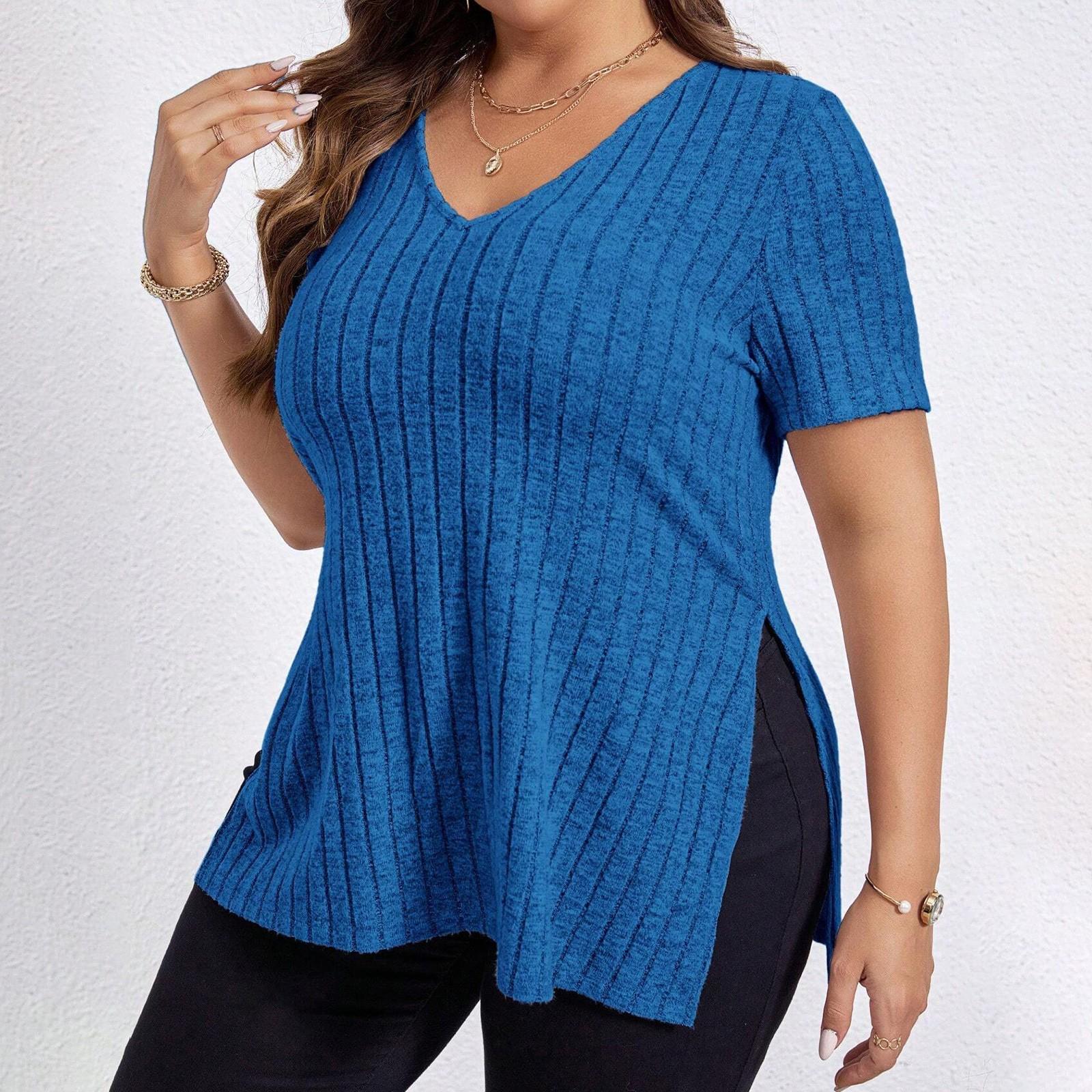 

Женская Мода Большой Однотонный V-образный вырез Короткий рукав Разрез на голове Футболка Топ XXXXL синий