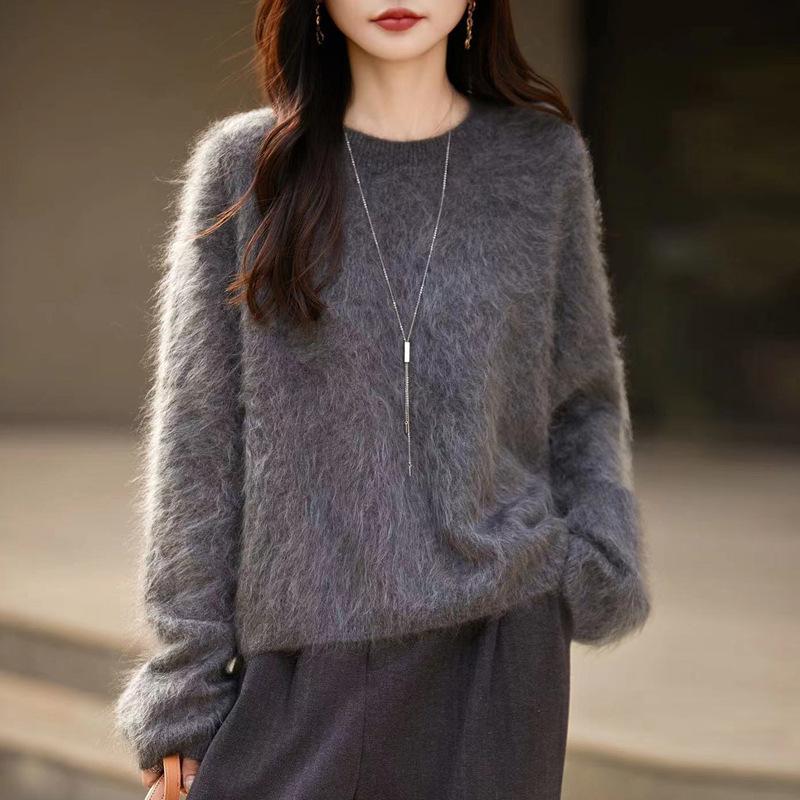 Women's Seamless Cashmere Wool Blend Crew Neck Sweater - Brushed Knit One-Piece Base Layer for Fall/Winter