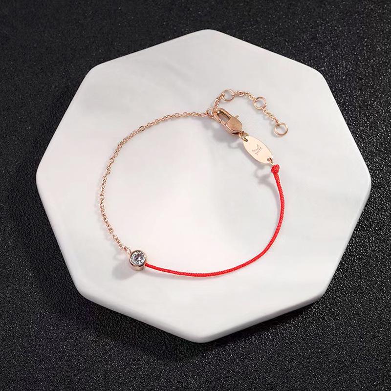 Korean Fashion 18K Rose Gold Zodiac Bracelet with Single Diamond & Red Rope Design for Women