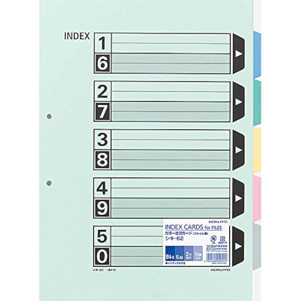 Kokuyo File Index Divider Cards, 5 Pile, 2 Holes, 10 Pairs, B4, Shiki-62