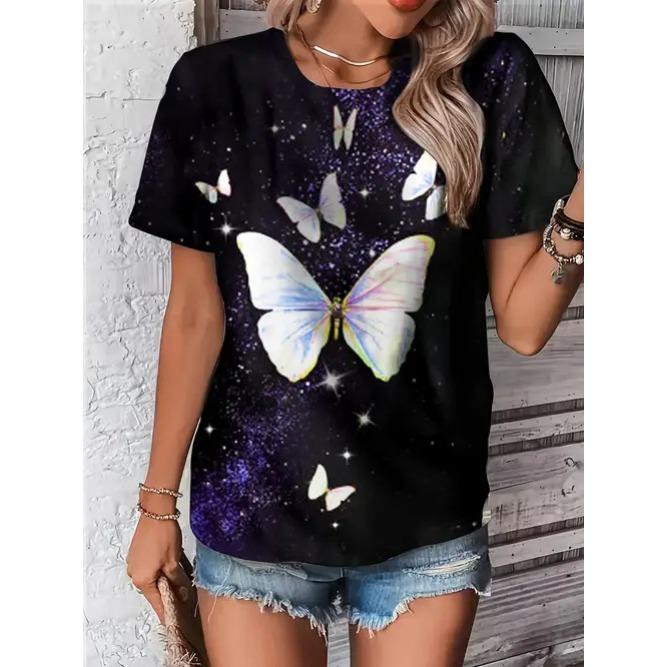 Sommer Rundhals Blumen Schmetterling Muster 3D Druck Top Modische Lässige Kurzarm Damen T-Shirts