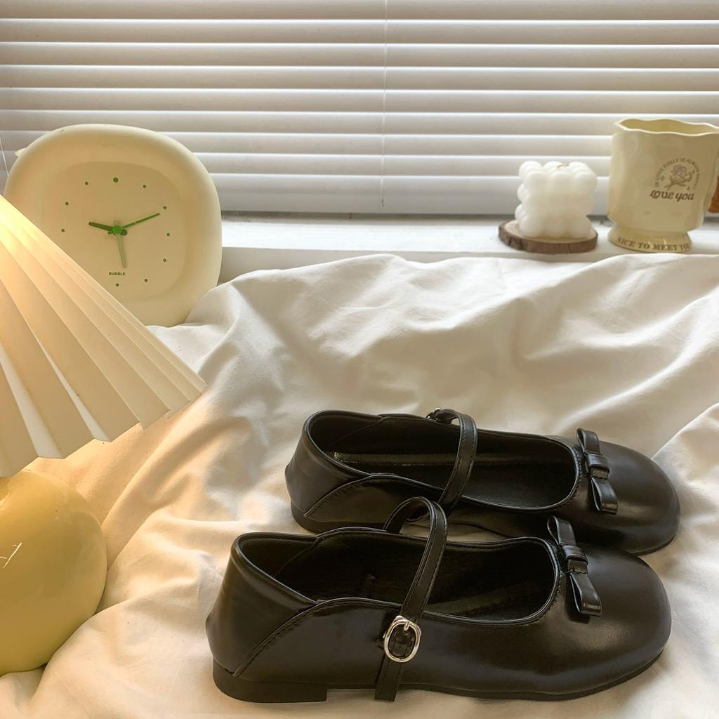 French Bow Flat Bottom Low Heel Small Leather Shoes Summer Retro Light Mouth Skirt Mary Jane Single Shoes Women