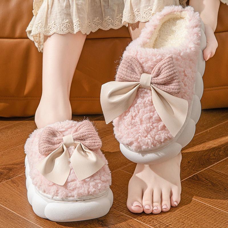 Cute Bowknot Thick Sole Warm Fuzzy Indoor Home Cotton Slippers For Women
