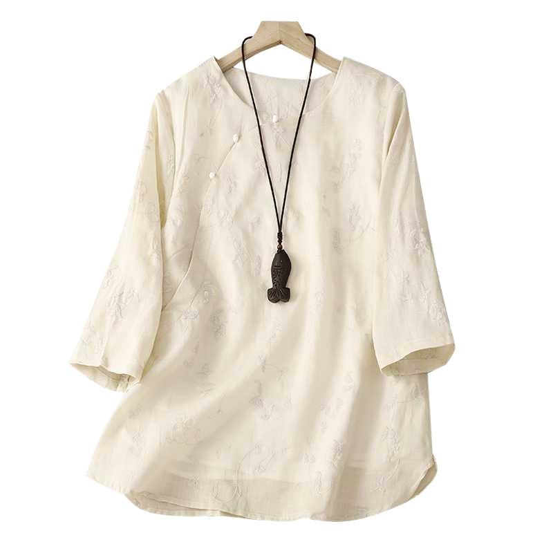 Embroidered Round Neck Shirt Cotton Linen Women's Loose Top