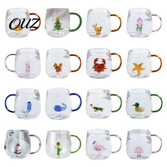 Wiederverwendbarer Glasbecher Handgefertigt Tierpflanzenform Transparent Wassertexturiert Trinkbar Niedlich Kaffee Milchgetränk mit buntem Griffbasis Becher