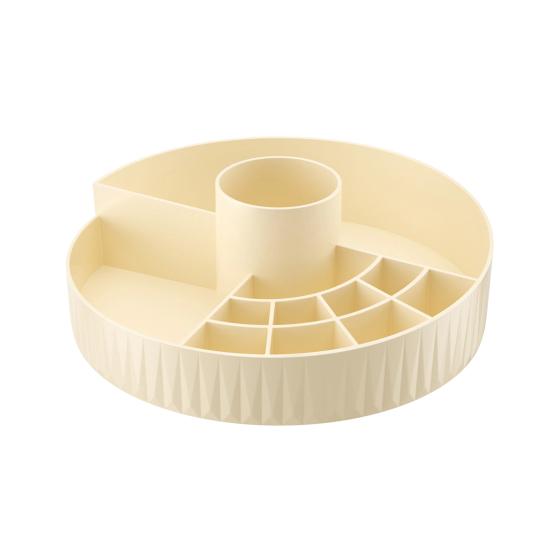 

Обертовий на 360 градусів органайзер для макіяжу, косметична скринька для зберігання з тримачем для пензлів для макіяжу, круглий органайзер для туалетного столика для засобів для догляду за шкірою, парфумів, лосьйонів бежевий