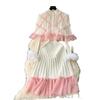 Sweet French Style Cloak Sleeves Print Set Cardigan Lace Patchwork Slim Ruffles Dress Pleated Knit Fungus Fur Suit Mujer