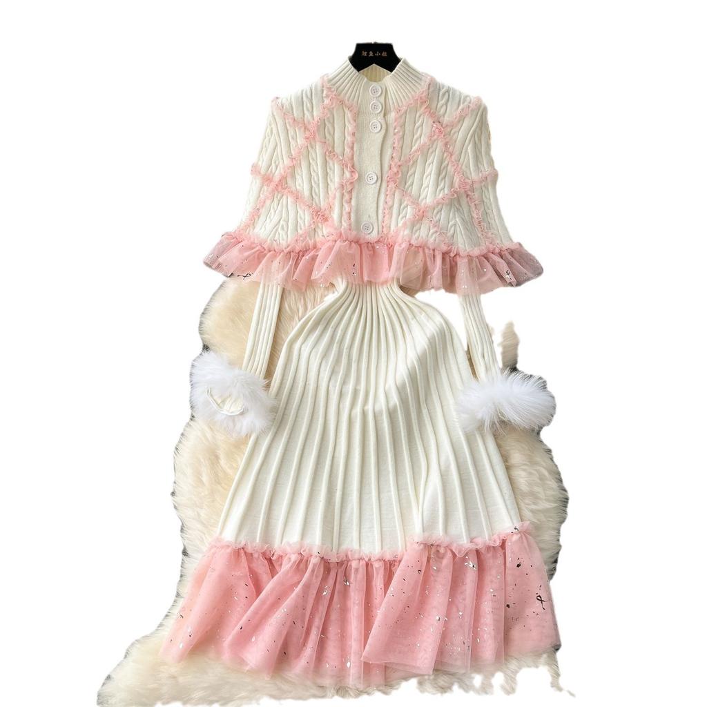 Sweet French Style Cloak Sleeves Print Set Cardigan Lace Patchwork Slim Ruffles Dress Pleated Knit Fungus Fur Suit Mujer