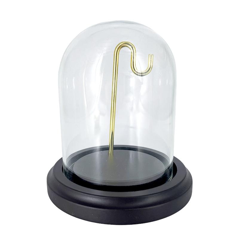 Pocket Watch Display Case Clear Glass Dome Cloche Dust Cover with Golden Hanging Hook and Black Wooden Base for Home Decoration