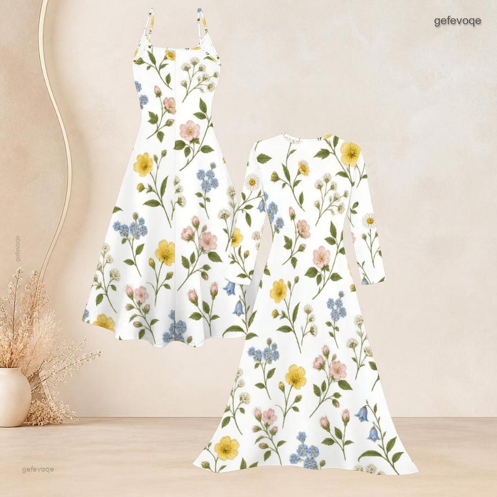 Women Plus Size Floral Print 2 Piece Set V Neck Strappy Flared Dress Long Sleeve Open Front Cardigan