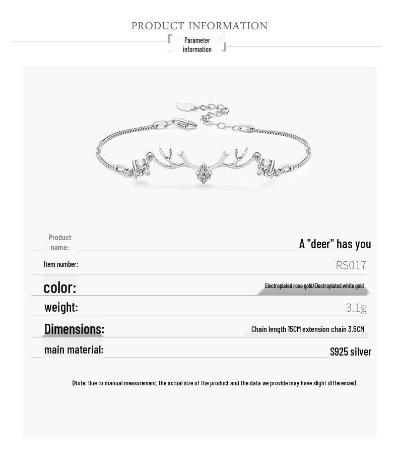 Women's High-End 'I Have You' Sterling Silver Reindeer Bracelet - Niche Design, Versatile Holiday Jewelry