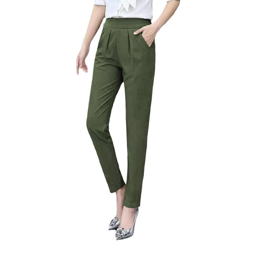 women s Mid Waist Solid Color Pleated Front Slim Fit Ankle Length Harem Tapered Pants With Side Pockets S оливковый