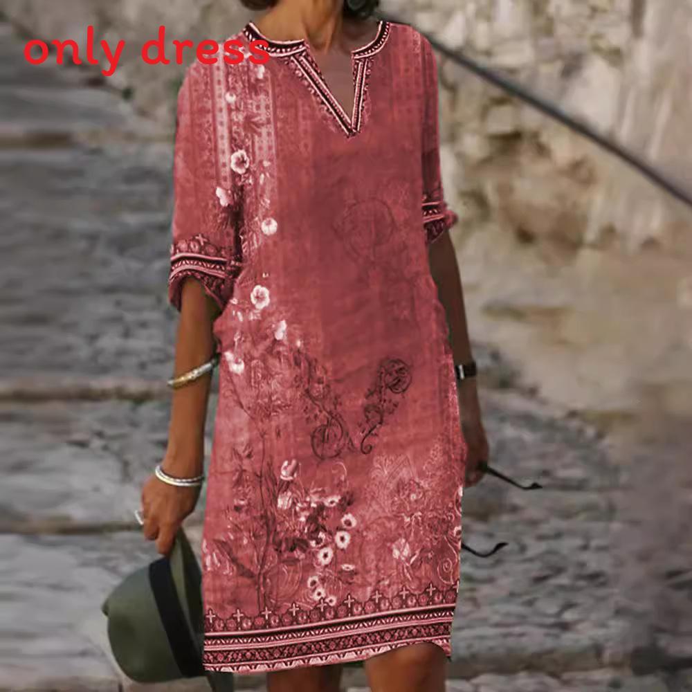 Ethnic Style Floral Print Vneck Dress With Loose Fit For Spring Summer Fashion