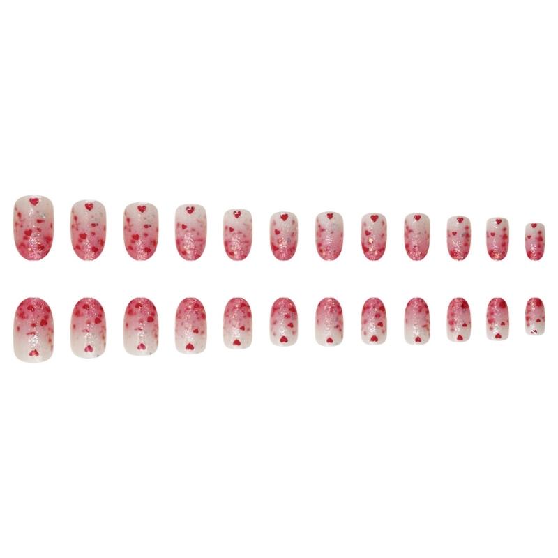 24Pcs Gradient Design Press On Nail with Glittering Sequins Heart Easy Application for Parties Valentine's Day
