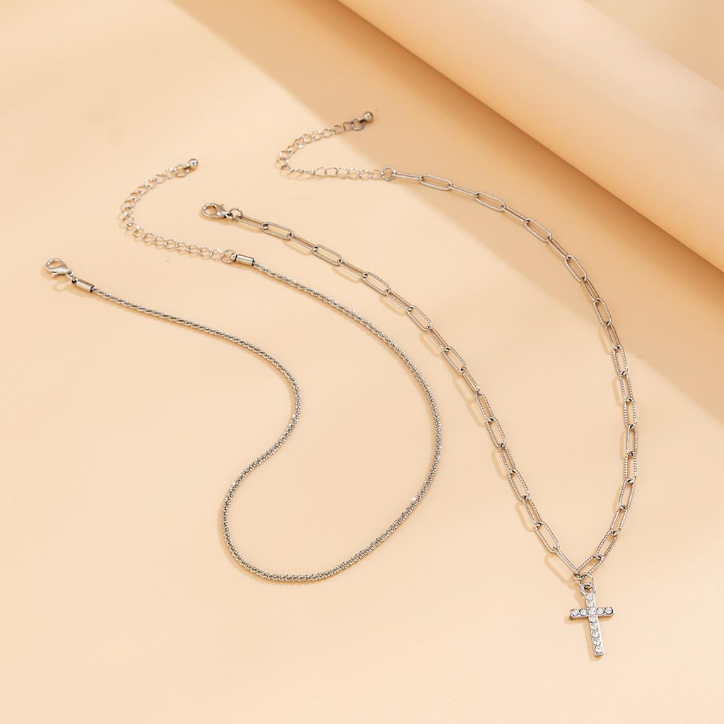 Wind Sparkling Chain Clavicle Necklace Women'S, Simple Diamond Cross Double Necklace