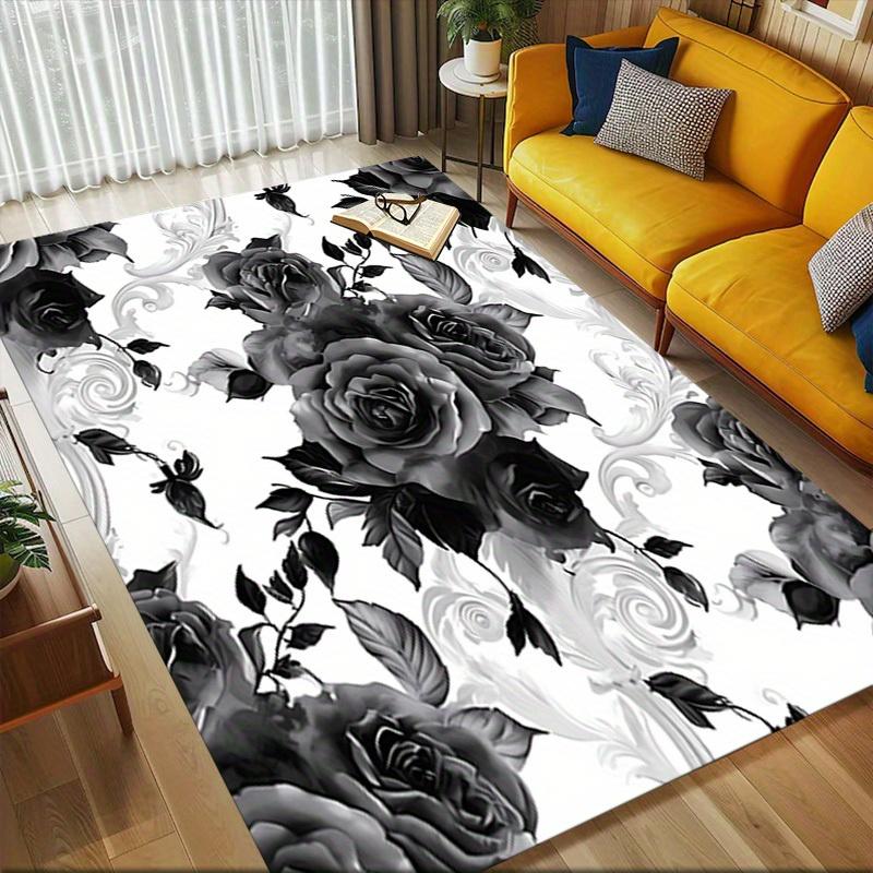 1pc Black Roses Floral Pattern Themed Rug for Home Decor, Non-slip Office Carpet, Chair mat, Outdoor Mat, Christmas and Halloween gifts-0731152