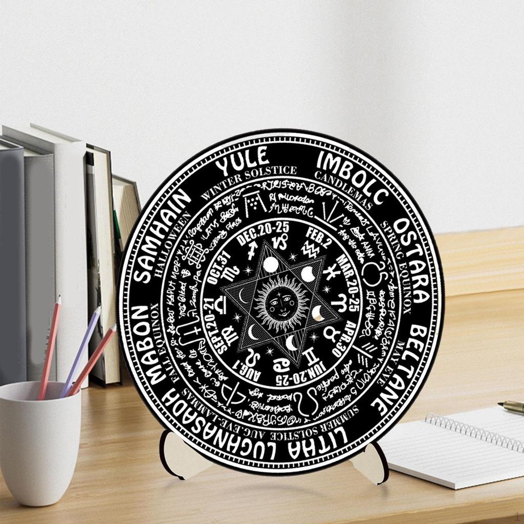 Calendar Dowsing Board Set,Round Chart Mat Sun Moon Altar Supplies Card Stand Wooden Engraving