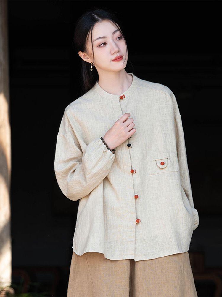 Spring 2026 Vintage Cotton Linen Shirt For Women With Colorblock Closure