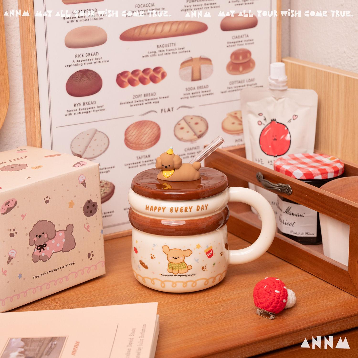 

Cute Puppy Straw Cup Ceramic Mug with Lid Water Cup High Appearance Level for Girls Household Cup for Drinking Water As A Souvenir