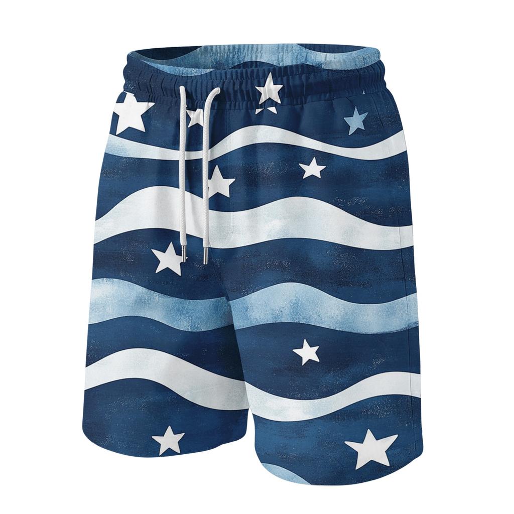 Men's Casual Drawstring Waist Shorts with Star and Wave Print Lightweight Summer Beach Shorts for Everyday Wear
