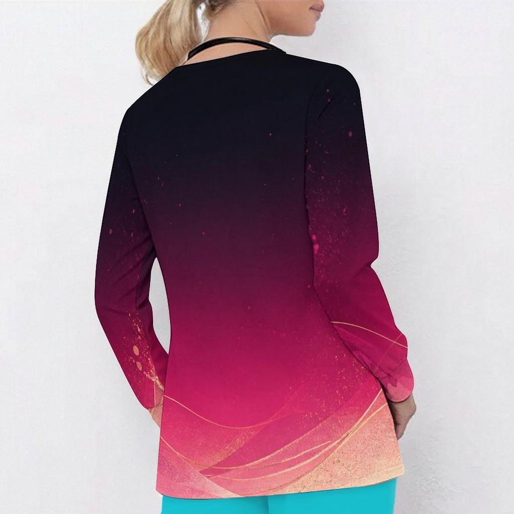 Women Plus Size Teal Black Gold Marble Printed Nurse Scrub Top V Neck Long Sleeve With Front Pockets
