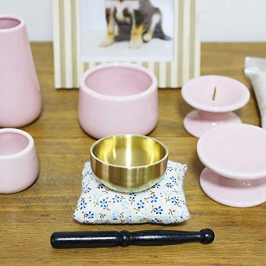 Mini 7-Piece Buddhist Altar Set: Orin (Buddhist Bell), Incense Burner, Incense Ash, Candle Holder, Vase, Teacup, and Offering Stand (Pink)