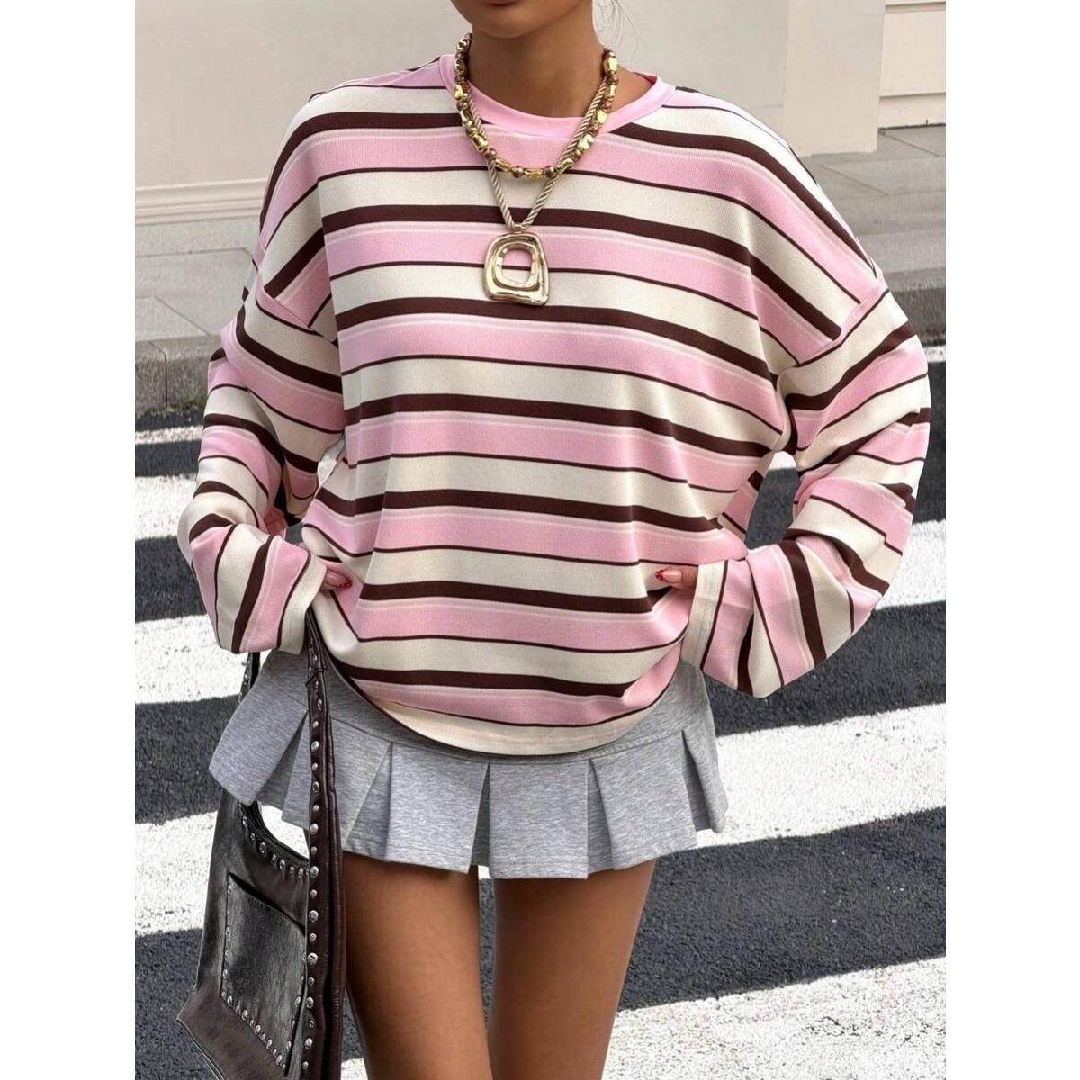 Fall Winter New Women s Crew Neck Color Block Striped Loose Pullover Sweatshirt S