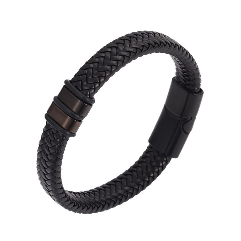 Anti-static Men's Stainless Steel Leather Magnetic Bracelet - European Retro Style