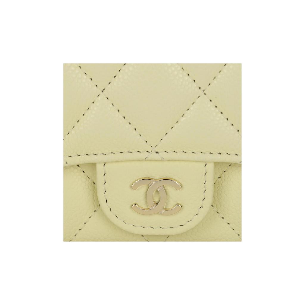 CHANEL 25S classic vertical gold-labeled double C logo quilted diamond pattern shiny grain calfskin with gold metal card holder small size yellow