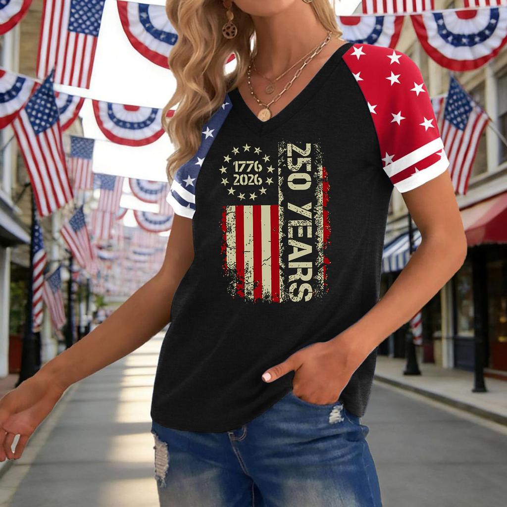 Women's Casual V-Neck Short Sleeve T-Shirt with Independence Day Print