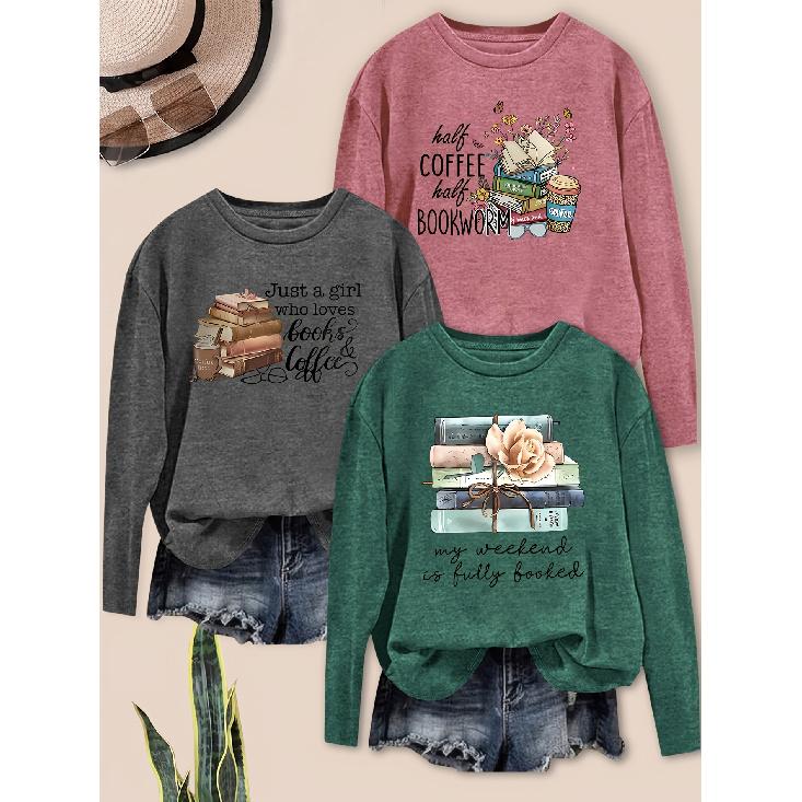 Elegant women's clothing gift with printed coffee and book themed pattern, round neck, suitable for spring, summer, autumn, and winter3Set of