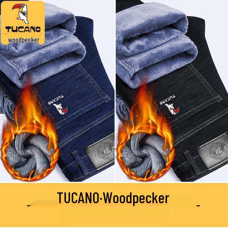 Woodpecker Men's Fleece-lined Straight Leg Stretch Jeans - Loose Fit, Plus Size, Warm Casual Pants for Autumn/Winter