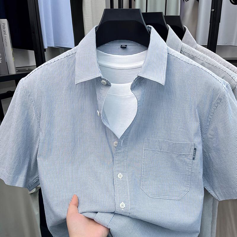 Firstview Men's Vertical Stripe Short Sleeve Cotton Shirt