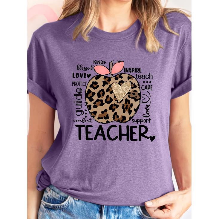 Single-piece women's short-sleeve shirt T Shirt Leopard print Apple teacher-themed casual crew neck sports top Suitable for wear in spring, summer,