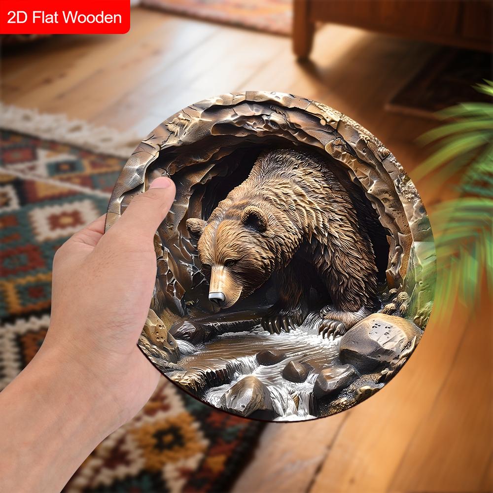 Rustic Wooden Sign with Bear Pattern - Charming Round Sign for Front Door, Wall Hanging Decor - Ideal Gift for Friend