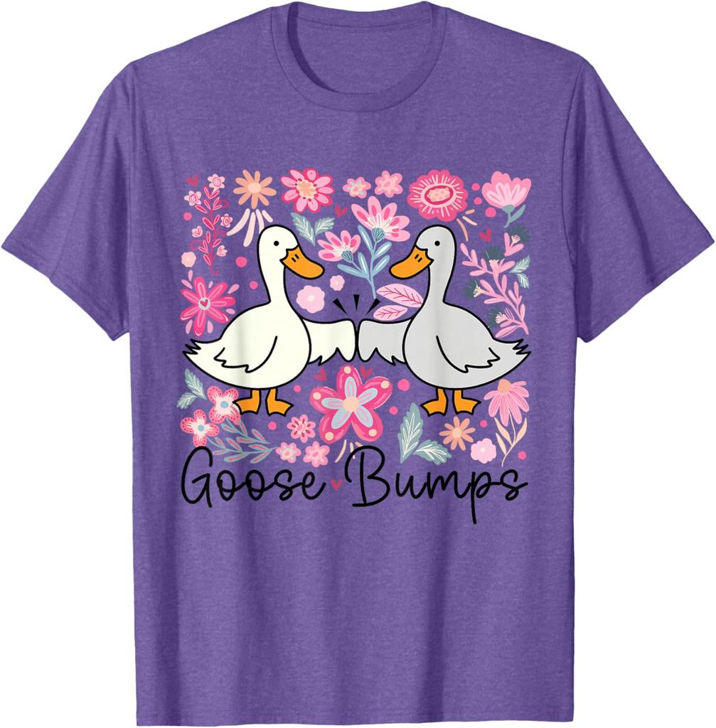 Goose Bumps Duck Floral Pun Graphic Tee Cute Casual Short Sleeve T-Shirt for Women