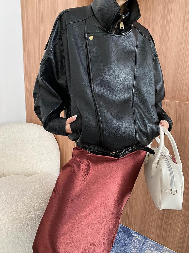 Sinan Modern Double Collar Asymmetrical Biker Leather Jacket - Early Autumn SN7087