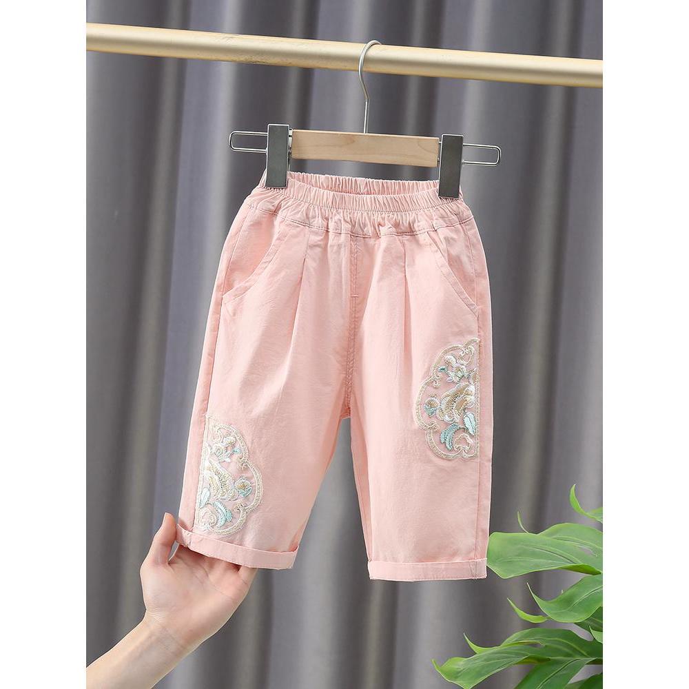 

Укороченные летние брюки для девочек, детские вышитые дышащие тонкие брюки средней длины, летние брюки нового стиля для девочек 120