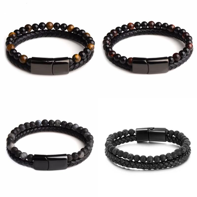 Men Double 21cm Layered Volcanic Stone Beaded Bracelet Alloy Clasp Leather Faux