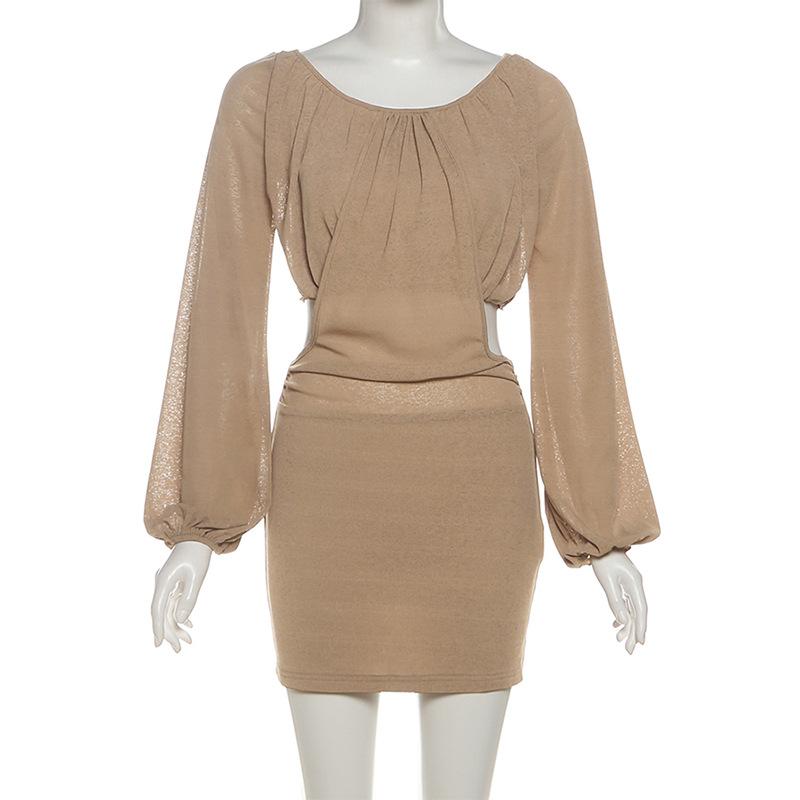 Summer New Solid Color Fashionable Off-Shoulder Low Neck Sexy Hollow Out Dress Women's Clothing