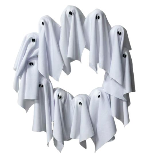 Halloweenský věnec s duchem 12 malých bílých látkových duchů girlanda na vchodové dveře zeď vnitřní venkovní závěsná dekorace