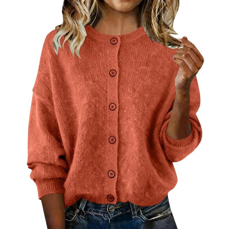 Autumn and Winter Women's Knitted Round Neck Long Sleeved Solid Color Casual Fashion Knitted Cardigan