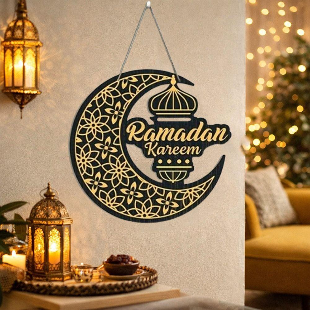 Geschnitzte Ramadan-Hängeornamente Schwarz Gold Holz Mond Stern Anhänger Ramadan Geschenk Wohnzimmer