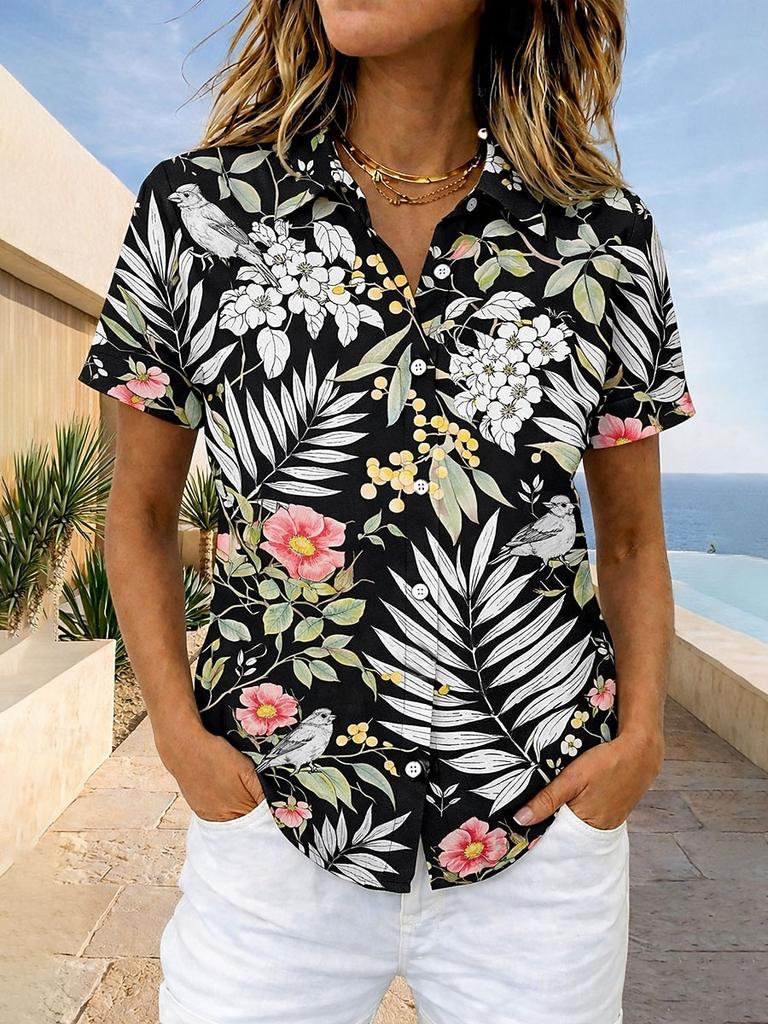Women's Hawaiian Floral Print Shirt Lapel Collar Short Sleeve Casual Button Down Tops for Summer Travel Beach Daily Use