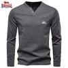 2025 Autumn New Men's Embroidery Casual European Size V-neck Long Sleeved T-shirt Slim Fit Base Shirt Pure Cotton T-shirt Top for Men