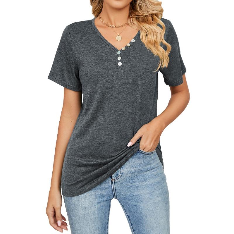 Summer Women's T-Shirt Solid Colour Button Loose V-Neck Short Sleeve Top