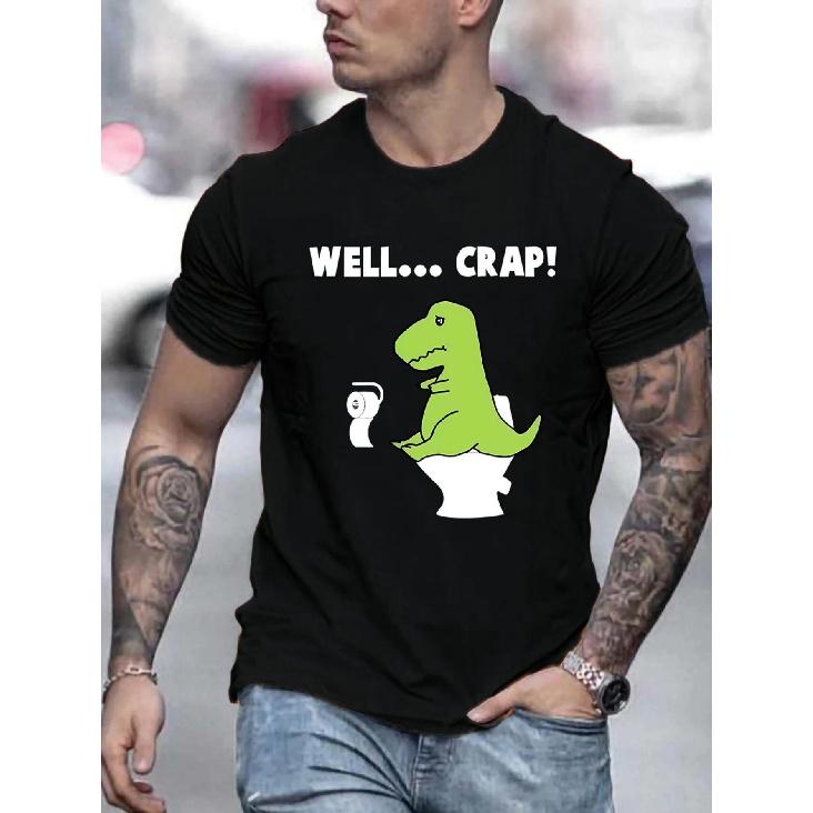 Men S Funny Cartoon Dinosaur Well... Crap Graphic T-Shirt, Soft, Black with Green Dinosaur & Toilet Paper Design, Casual Summer Short Sleeve Tee, S чёрный